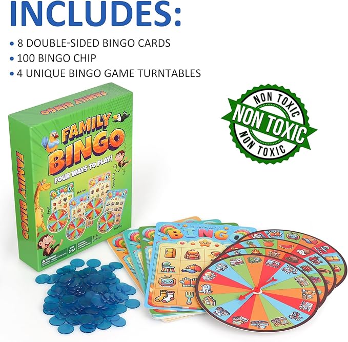 Family Bingo Game for Toddlers & Kids | 4-in-1 Visual Bingo Set with Household Items, Cars, Fruits & Camping Gear | Family-Friendly Board Game for Learning & Fun| 2-4 Players