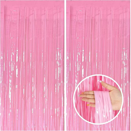 2 Pack Pink Tinsel Curtain Foil Fringe Decorations - Birthday & Graduation Party Theme Photo Booth Streamer Backdrop