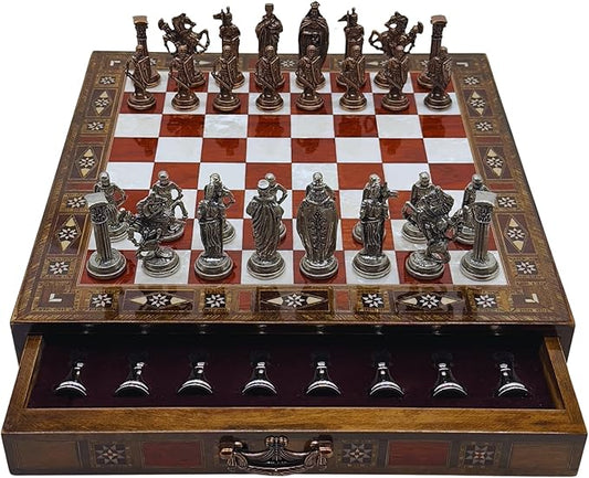 15’’ Handmade Chess Set with British Army Metal Chess Pieces, Luxury Storage Chess Board, for All Ages, Ideal for Father, (Rose)