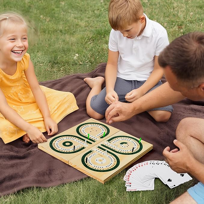 Foldable Wooden Cribbage Board Set, Unique 3-Track Travel Board with Storage & Magnetic Closure, 9 Multi-Colored Pegs, Full Playing Card Deck, Portable Family Game for Adults, Kids, Gatherings & Gifts