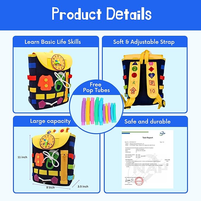 Busy Board Toddlers Travel Backpack - Learning Activities for Kids to Develop Fine Motor Skills and Basic Life Skills - Montessori Sensory Toys (Blue)
