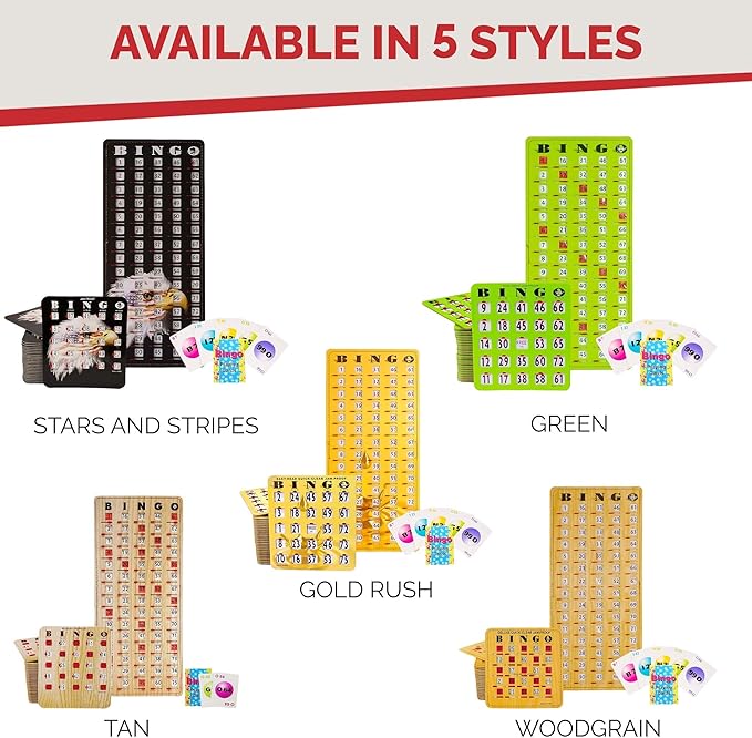 MR CHIPS Jam-Proof Bingo Cards with Sliding Windows, 25 Reusable Shutter Cards, 75 Calling Cards 1 Master Board in Star and Strips Style