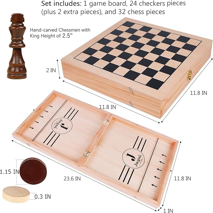 Juegoal 4-in-1 Wooden Fast Sling Puck Set for Kids and Adults, Chess, Checkers, Tic Tac Toe Games, Travel Portable Folding Tabletop Chess Board Game Sets, Interactive Families Toys