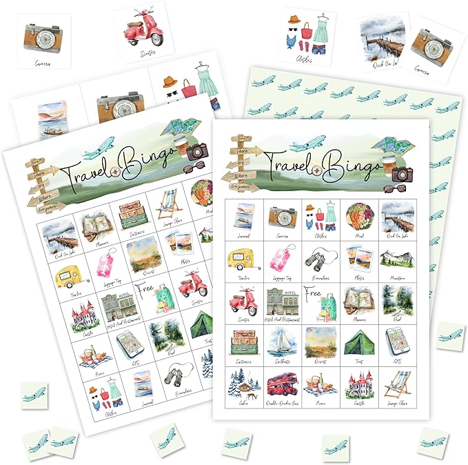 Travel Games Bingo Cards, Journey Theme Bingo Game, Trip Game for Family Friends Large Multiplayer Group Activities, Retirement Travel Party Birthday Favors Gifts -05