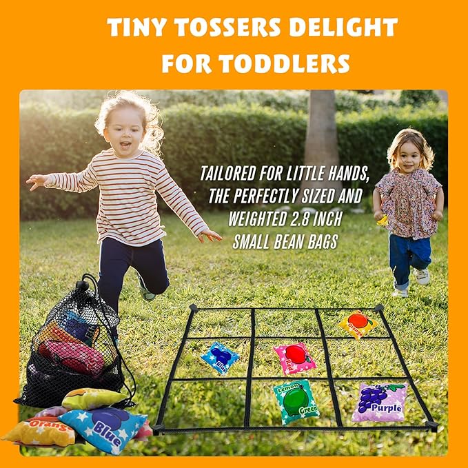 Fruits Bean Bag Toss Across Game Set, Outdoor Montessori Sensory Learning Toys for Toddlers 3 4 5 Year Old, 6 Colorful Small BeanBags for Tossing, 2.5ft Tic-Tac-Toe Rope