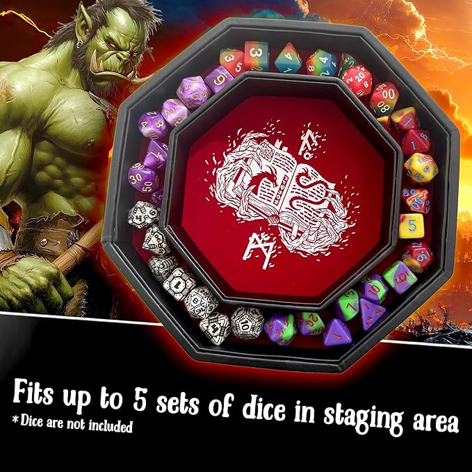 Red Fire Dragon Dice Tray with Wizard Book Print – 9" Octagon with Dice Staging Area, Holds 5 Dice Sets – Perfect for D&D, Call of Cthulhu, Shadowrun, and All Tabletop RPGs