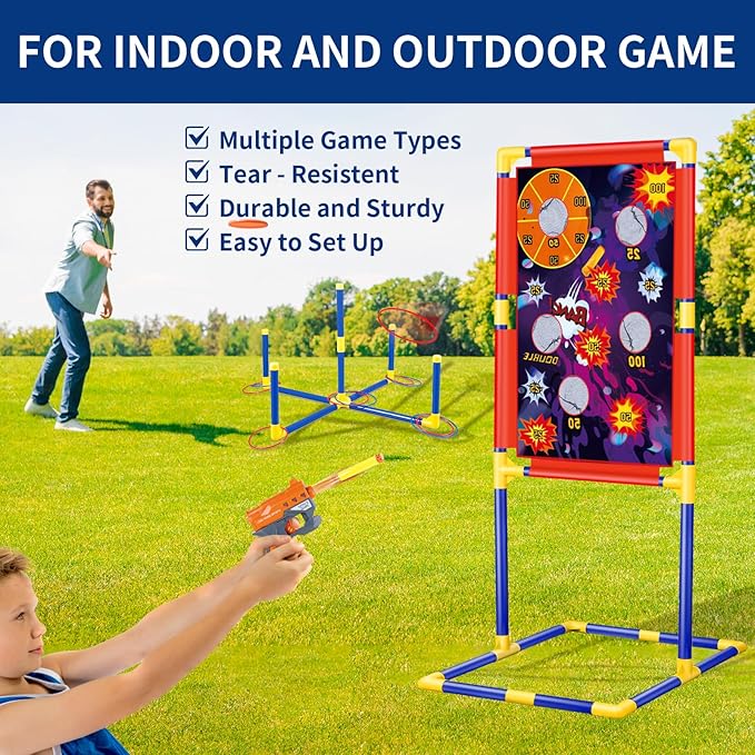 Bean Bag Toss & Shooting & Ring Toss Games Set for Kids – 3-in-1 Carnival Outdoor Cornhole Game Set with Shooting Blasters, Garden Indoor Outdoor Toys for Boys Girs Ages 5 6 7 8 9 10+ Gift