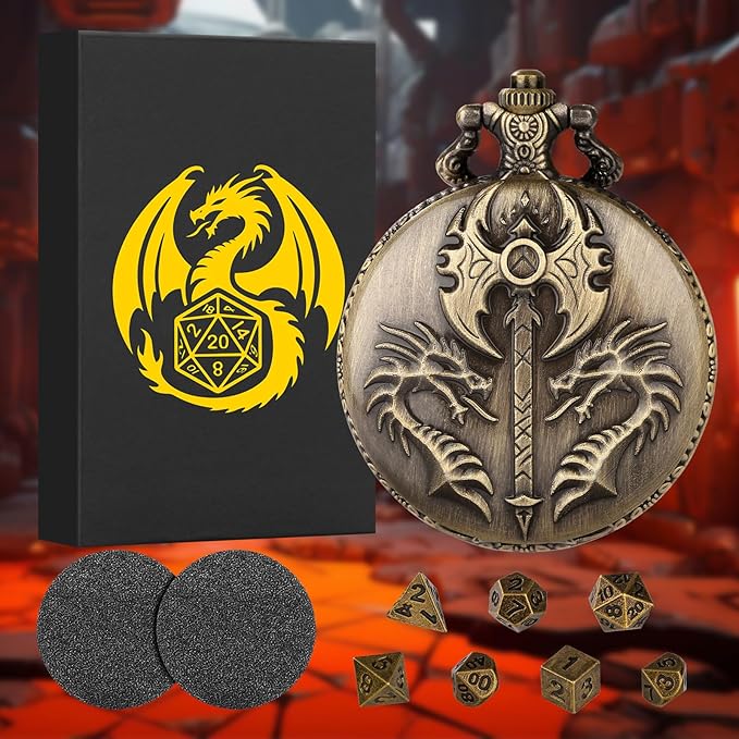 Mini DND Dice Set with Double Headed Dragon(Top Double-Sided Axe) Pocket Watch Case, 7-PCS Polyhedral Metal D&D Dice, DND Gifts with Gift Box, Role Playing Game Board Game Accessories Dice, Bronze