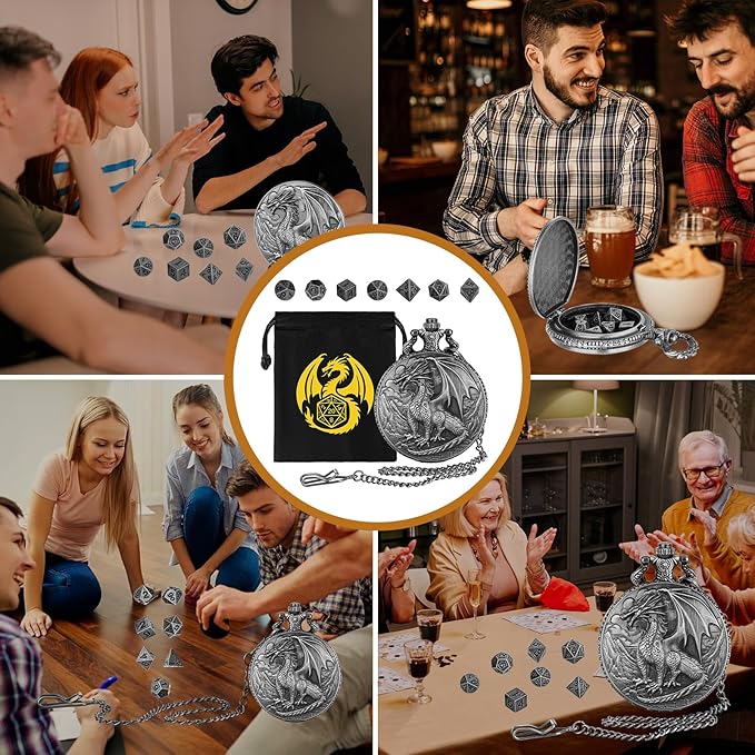 Mini DND Dice Set with Steampunk Dragon Pocket Watch Shell Case, 7pcs Polyhedral Metal DND Dice Set, DND Starter Set, D&D Gifts with Dragon Logo Gift Bag, Role Playing Board Games Accessories, Silver