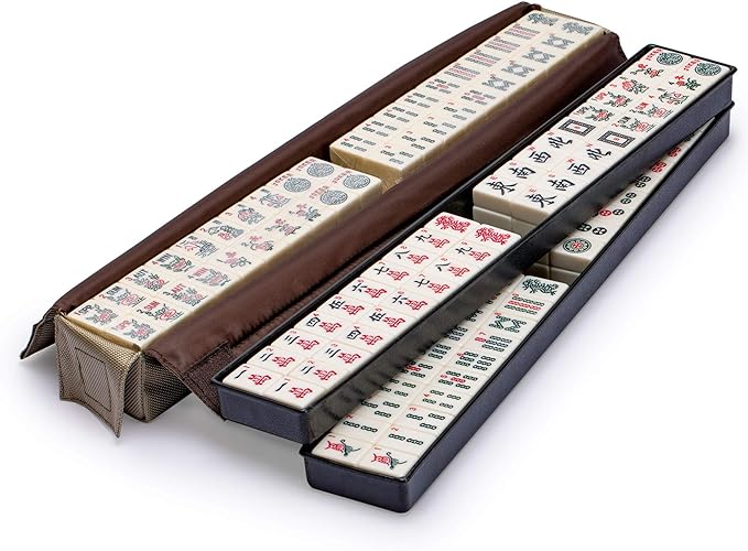 Yellow Mountain Imports American Mahjong Set, Mojave (Ivory) with Brown Soft Case, All-in-One Racks with Pushers, Wright Patterson Scoring Coins, Dice, & Wind Indicator