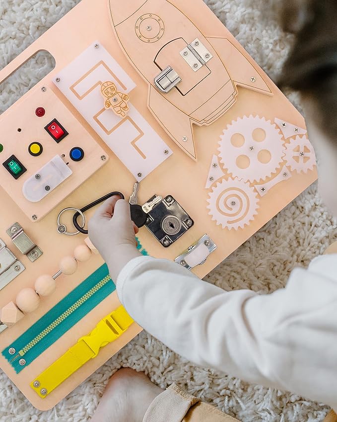 Busy Board for Toddlers 1-3 - Wooden Sensory Baby Activity Montessori Light Switch Toy - Kid's Educational Toys