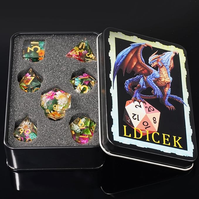 DND Dice Set Sharp Edged Dice Set of 7 DND Faceted Dice Golden Numbers and Beautiful Iron Box Perfect for Dungeons & Dragons RPG and Board Game(Flower Gold)