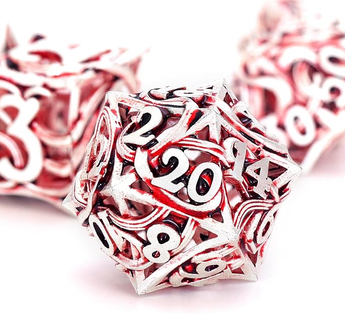 DND Dice Metal for Dungeons and Dragon 7 Polyhedral Dice Set Hollow Metal Vine D&D Dice for Role Playing Game RPG (White Red)