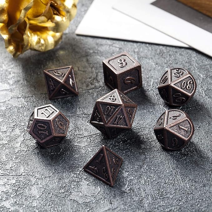 D&D Metal Dice Set, DNDND 7PCS Metallic Ancient Copper Dice with Metal Case for DND Dungeons and Dragons Table Games Roly Playing Rolling