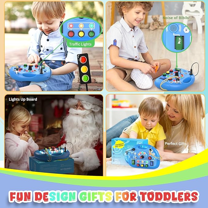 Montessori Busy Board, LED Light Switch Toy, Montessori Switch Fidget Board Travel Toys for Toddlers 1 2 3 4+ Year Old, Early Development Busy Board for Kids Boys Kindergarten Graduation Gifts (Blue)