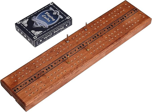 STERLING Games Wooden Cribbage 12 inch Double Track Cribbage Board Playing Cards Included, Wood Burnt Unique Poker Design Cribbage Board for 2 Persons