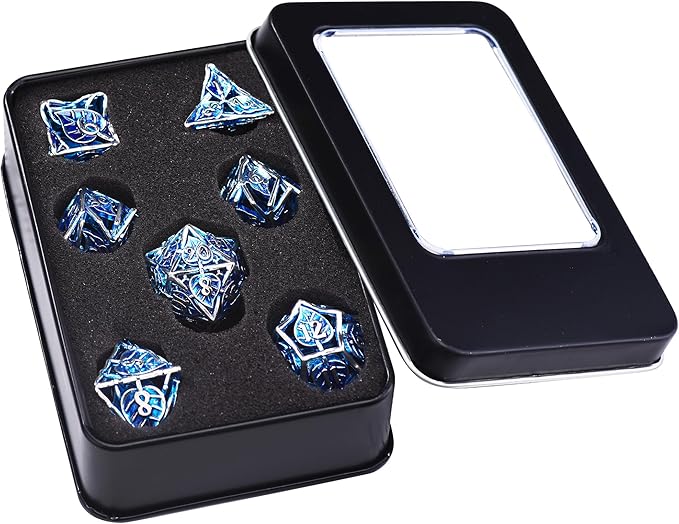 AUSTOR Metal DND Dice Set 7 Pieces Leaf DND Dice Hollow Polyhedral Dice D20 D12 D10 D% D8 D6 D4 Metal Dice with Metal Box for Dungeons & Dragons RPG Board Games (Blue & Silver)