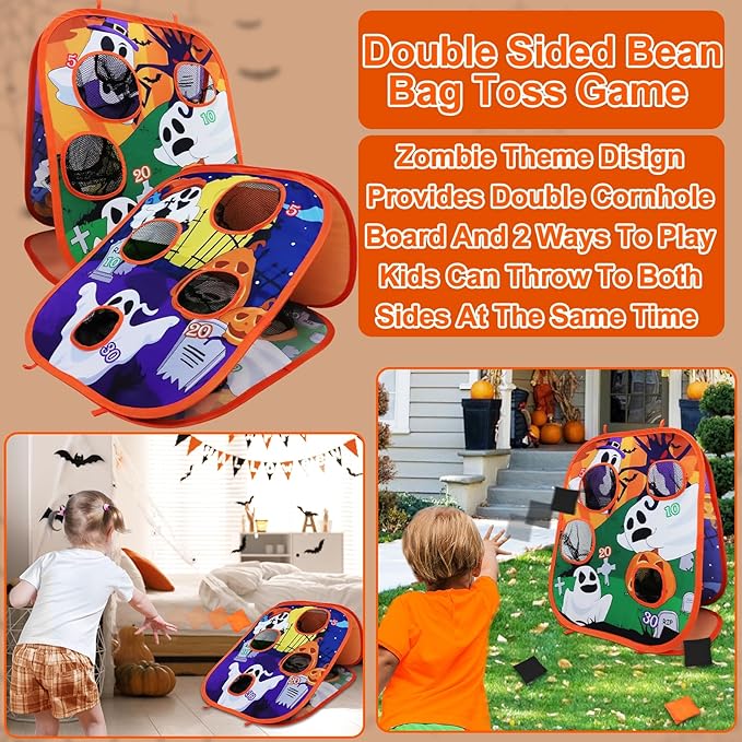 Halloween Party Games for Kids Adults Halloween Bean Bag Toss Game Ghost Double-Sided Board Cornhole 4 Score Holes Halloween Decorations Party Favors Yard Outdoor Indoor Toys Spooky Game (6 Bean Bags)