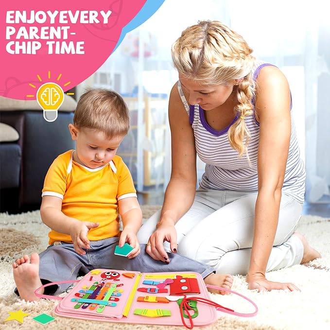 Montessori Busy Board Toys, Sensory Board for Toddlers 1-3, Travel Felt Book for Airplane Car, Activity Mat for Learning Fine Motor Skills, Suits Boys Girls Birthday Gifts Pink/P2