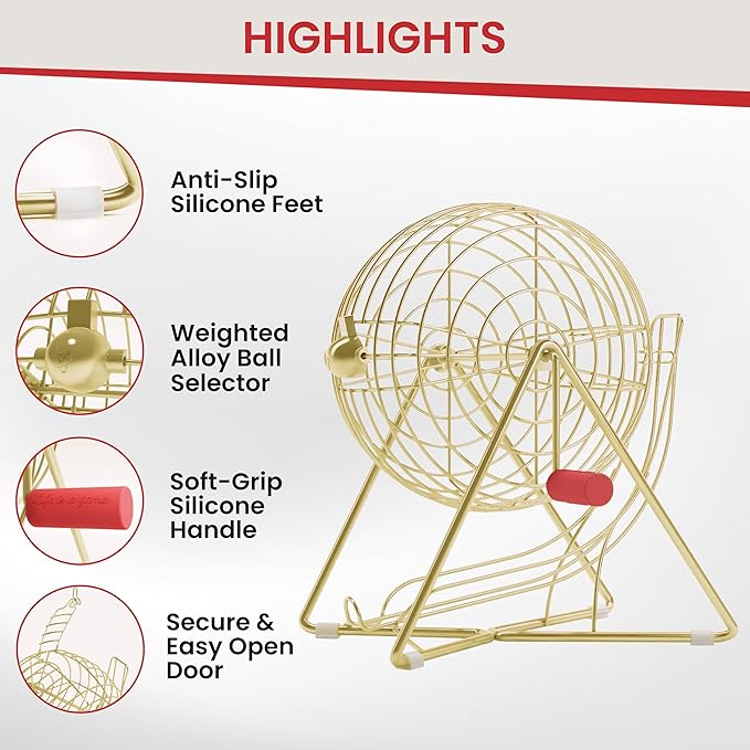 MR CHIPS 11" Tall Bingo Set with Steel Cage Professional Game Everlasting 7/8” Balls, 18 Cards and 300 Chips - Luxury Gold Color