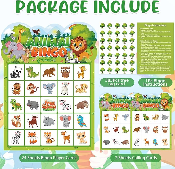 Animal Bingo Game for Toddler Adults, 24 Players Jungle Safari Animal Bingo Game Cards Birthday Party Bingo Cards for School Classroom Family Activities