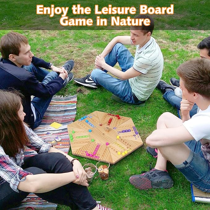 Fast Track Board Game, 18" Detachable Wooden Board Game for 2-6 Players, Portable Marble Game with 32 Marbles and 8 Dices for Family, Friends, Party Game Night