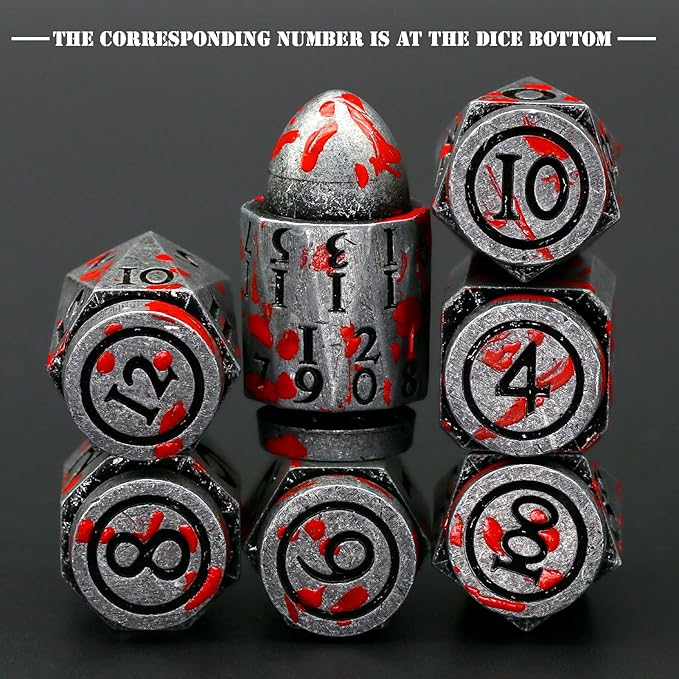 Bullet DND Dice for Dungeons and Dragons, Solid Metal Dice Set D&D with Box Polyhedral D and D Dice for Role Playing Tabletop D20 D12 D10 D8 D6 D4 (Bullet Sliver Blood Spot)