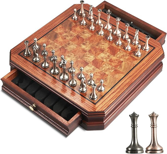 12" Wooden Chess Set with 2 Built-in Storage Drawer and Distressed Metal Chess Pieces - 2 Extra Queens Retro Desktop Chess Board Game for Adults and Beginners