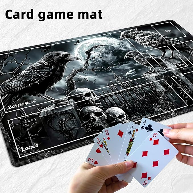 for MTG Playmat with Zones Storage Bag, for TCG Playmat and Playing Card Mat for Magic Board Games, Ravens Skull Non-Slip Stitched Edges Game Mat, Rollable Foldable Card Playmats