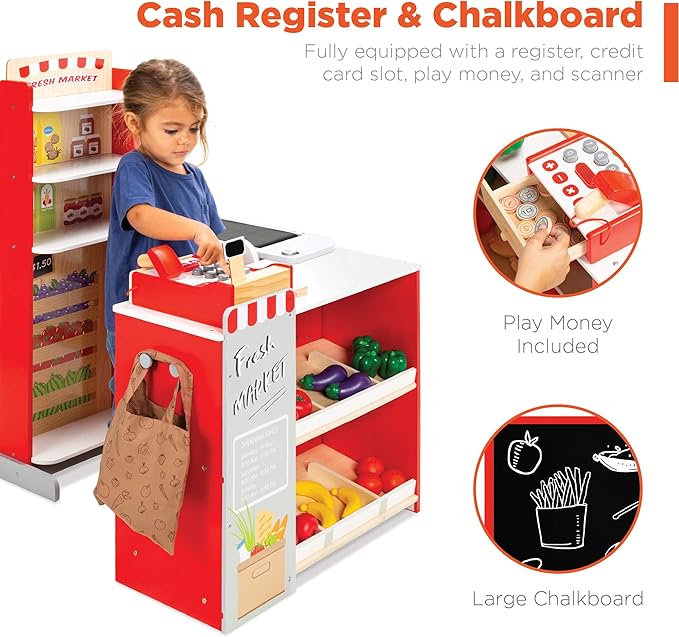 Best Choice Products Pretend Play Grocery Store Wooden Supermarket Toy Set for Kids w/Play Food, Chalkboard, Cash Register, Working Conveyor - Red