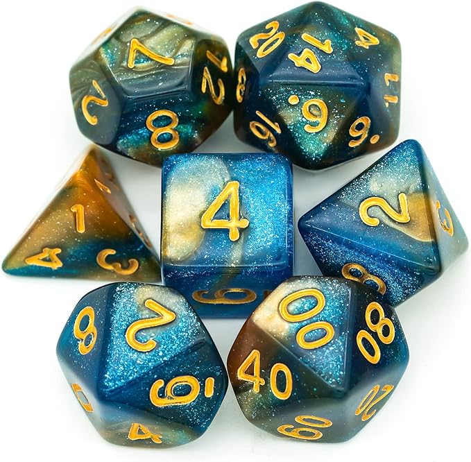 7-Die DND Dice Set Polyhedral Dice Set with a Leather Dice Bag, D&D Dice Set for Dungeons and Dragons, RPG, MTG Table Games (Blue Yellow/Glitter)