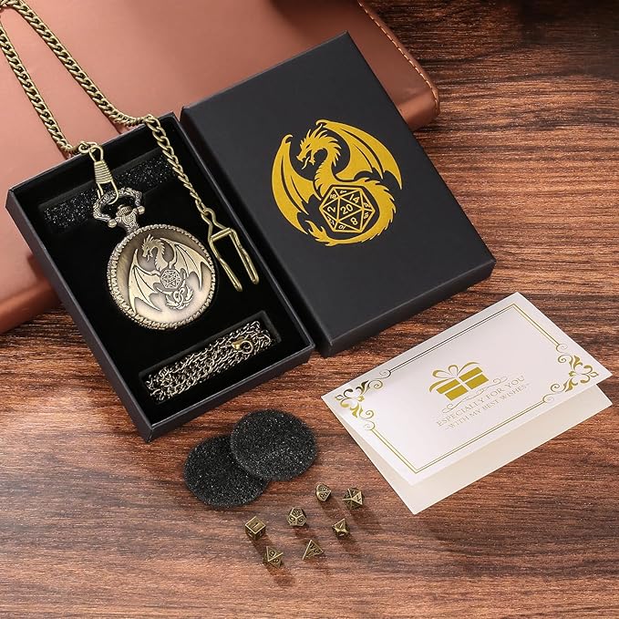 Mini DND Dice Set with Steampunk Dragon Pocket Watch Shell Case, Tiny 7pcs Polyhedral Metal D&D Dice, DND Gifts with Gift Box Greeting Card, Role Playing Board Games Accessories