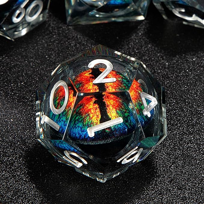 DND Resin Dice Set Dragon Eye Liquid Core 7 Pieces with Sharp Edges and Handmade Craft Gift Box Included for Dungeons and Dragons (Black- Orange)