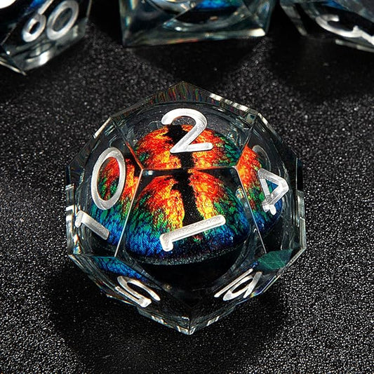 DND Resin Dice Set Dragon Eye Liquid Core 7 Pieces with Sharp Edges and Handmade Craft Gift Box Included for Dungeons and Dragons (Black- Orange)