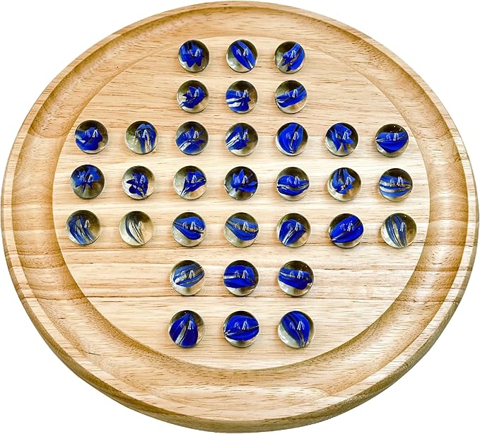 Marble Solitaire Board Game Set - Wooden Round Board with Glass Marbles for Family Game Night, Strategy Puzzle Toys for Adults Kids, Classic Peg Solitaire Game by WOWME