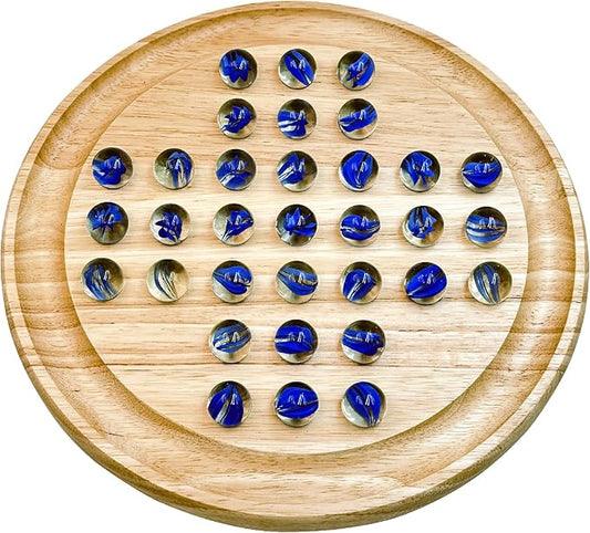Marble Solitaire Board Game Set - Wooden Round Board with Glass Marbles for Family Game Night, Strategy Puzzle Toys for Adults Kids, Classic Peg Solitaire Game by WOWME
