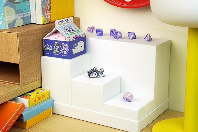 1985 Games Blueberry Kawaii Cat Dice Set – Milk Carton-Inspired Dice for DND | TTRPGs & Tabletop Roleplaying