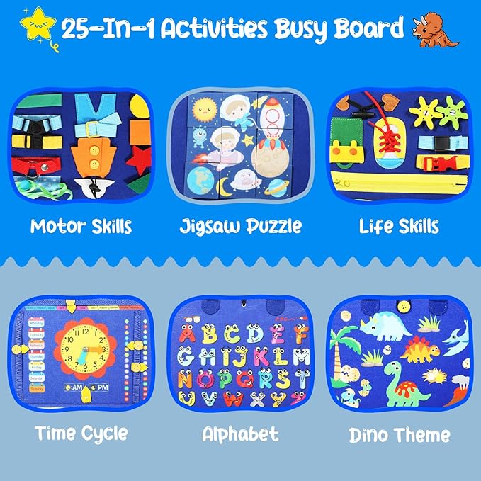 Busy Board for Toddlers 1-4, Montessori Toys with 6 Pages, Blue
