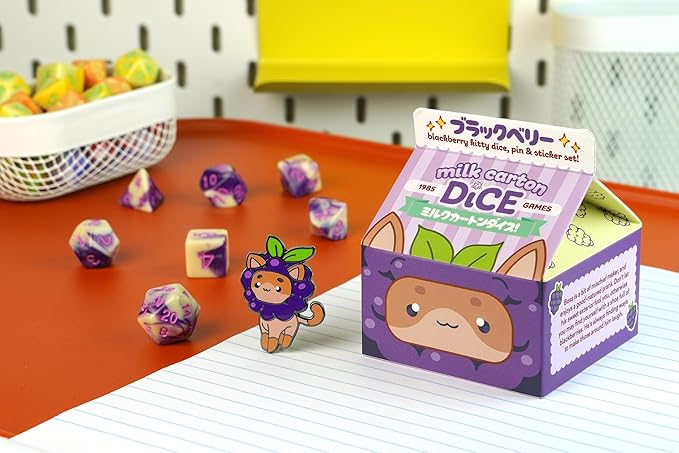 1985 Games BlackBerry Kawaii Cat Dice Set – Milk Carton-Inspired Dice for DND | TTRPGs & Tabletop Roleplaying