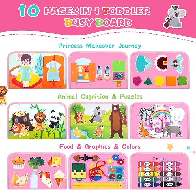 10 in 1 Busy Book, Oversize Montessori Toys for 1-3 Year Old, Busy Board for Girls Birthday, Sensory Toys for Kids with Autism, Mother Day from Toddler