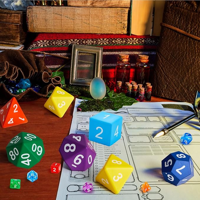 6 Pcs Jumbo Polyhedra Dice 3.94 Inch Jumbo Foam Polyhedral Dice 6 Set 4, 6, 8, 10, 12 Sides Gifts for Games Teach Numbers Addition Subtraction Probability Learning, Multicolor