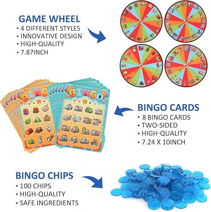Family Bingo Game for Toddlers & Kids | 4-in-1 Visual Bingo Set with Household Items, Cars, Fruits & Camping Gear | Family-Friendly Board Game for Learning & Fun| 2-4 Players