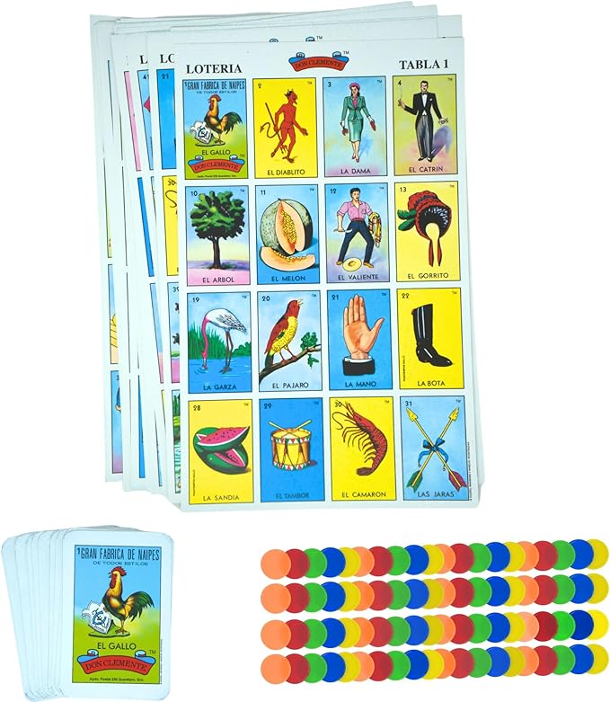 The Original Lotería Mexican Bingo Game Set - Complete with 100 Bingo Chips for 20 Players - Authentic Lotería de Lujo Mexicana - Colorful Loteria Cards