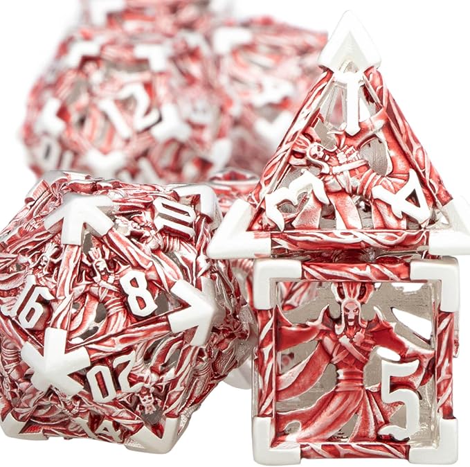 Hollow DND Dice Set Metal Wizard Dice with Box, 7pcs Red Polyhedral D and D Dice for use with D&D RPG Tabletop Games Role Playing Game