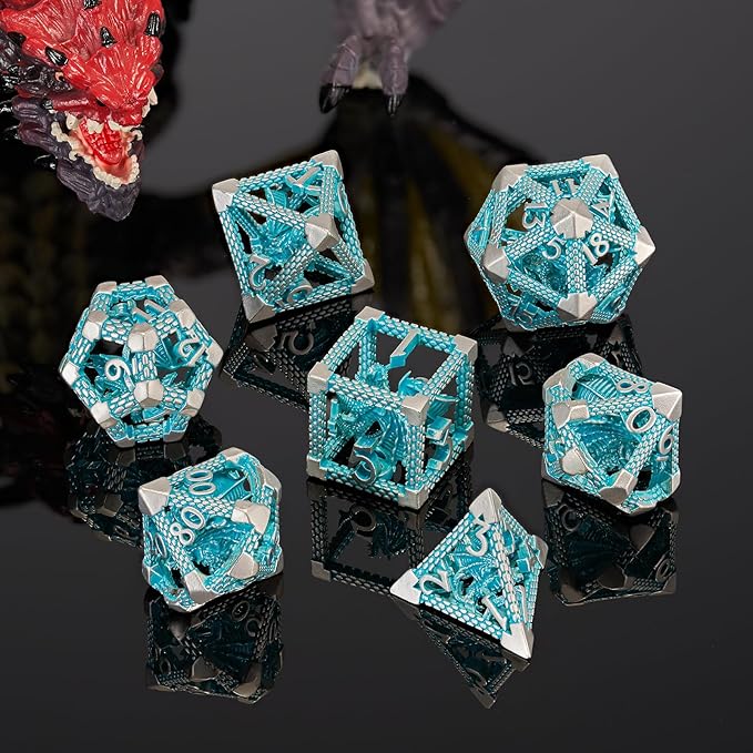 D&D Hollow Metal Blue White Dragons Polyhedral Dice Set,Dungeons and Dragons Gifts Dice for RPG and Tabletop Games(Blue White Dragon)