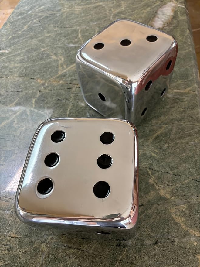Modern Day Accents 4104 Dados Decorative Dice, Silver with Black Dots, Vegas Decor, Man Cave, Bar Decor Tabletop, Centerpiece, Sculpture, 6", Set of 2