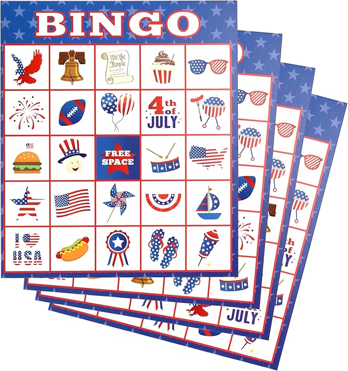 Iconikal 32 Player Bingo Game Set, Patriotic 4th of July Games with Extra Pinning Game