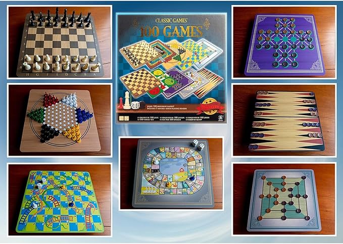 Classic Games, Enjoy 100 Different Games, Includes 5 Double-Sided Playing Boards, Fun for Children and Adults, For Ages 3 and up