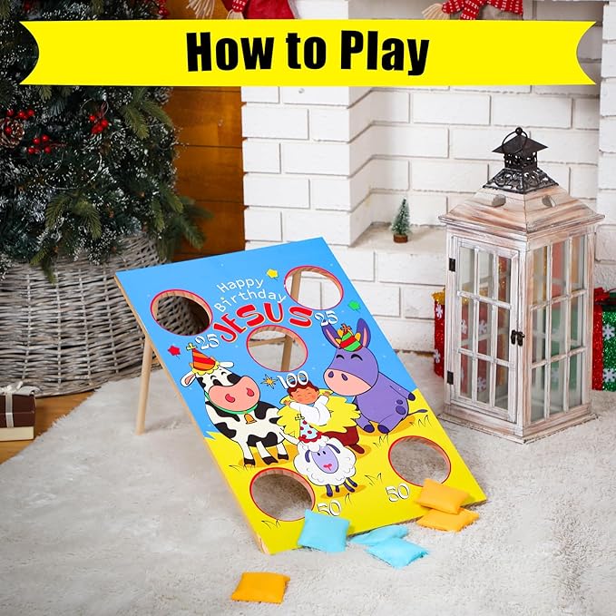 24 x 17 Inch Large Christmas Toss Game Happy Birthday Jesus Bean Bag Game with 6 Bags Religious Christmas Party Favor for Church Sunday School Classroom Family Yard Indoor Outdoor Party Supplies