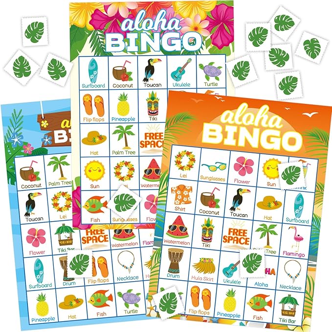 Luau Bingo Game for Kids 24 Players Hawaiian Aloha Tropical Summer Luau Party Games Favors Supplies